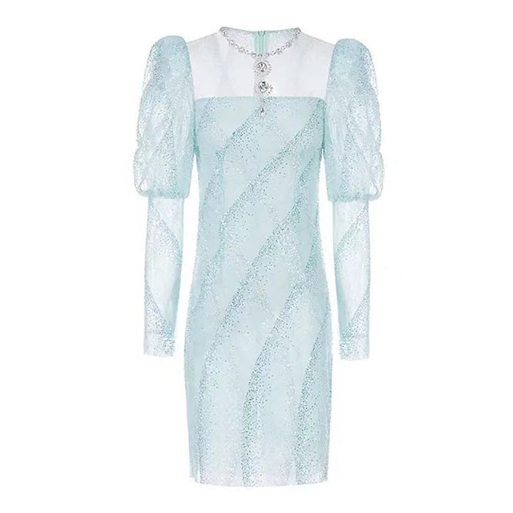 Rhinestone Embellished Dress Fairy Bright Bead Puff Sleeve Jumpsuit Short Skirt - JOcaste