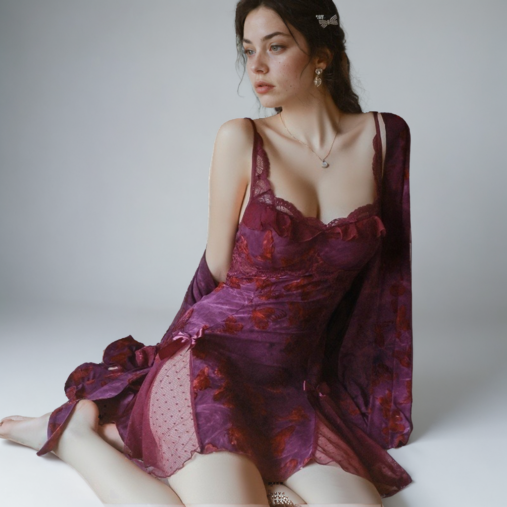 Sweet Butterfly Print Deep V Backless Nightdress with Chest Pad – Sexy & Comfortable Loungewear-SH-LNG-0121