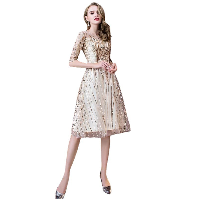 Elegant Short Mid-sleeve Sequin Evening Dress - JOcaste