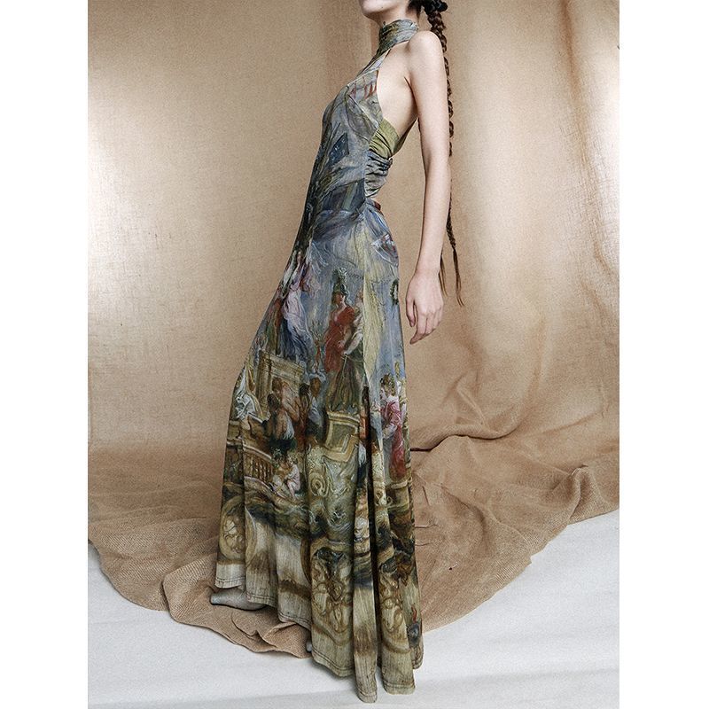 Homemade Retro European Oil Painting Style Cross Wooden Ring Backless High Collar Slimming Dress