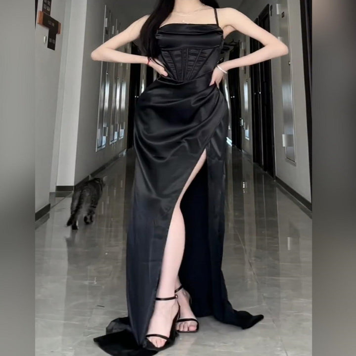 Long Formal Plus Size Black Slit Sling Dress