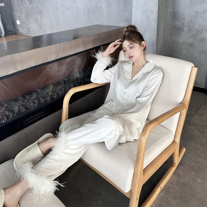 Ice Silk Satin Pajamas Feather Sleeve Homewear