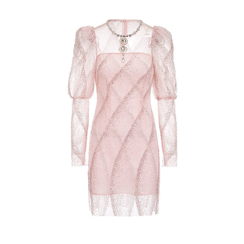 Rhinestone Embellished Dress Fairy Bright Bead Puff Sleeve Jumpsuit Short Skirt - JOcaste