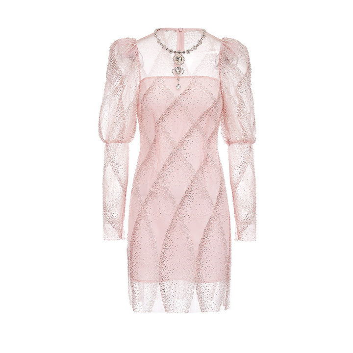 Rhinestone Embellished Dress Fairy Bright Bead Puff Sleeve Jumpsuit Short Skirt - JOcaste