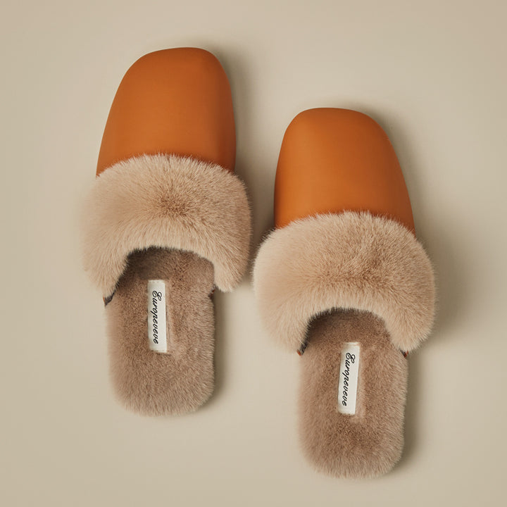 Women’s Fur Collar Home Slippers - Warm PU Upper, Simple Design, Sizes 36-45