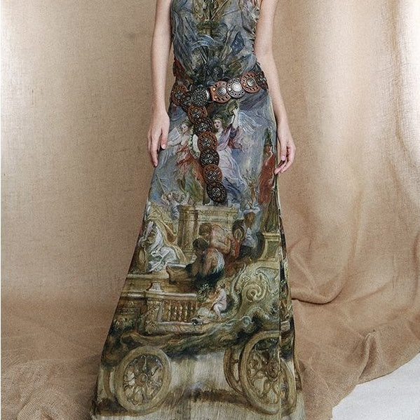 Homemade Retro European Oil Painting Style Cross Wooden Ring Backless High Collar Slimming Dress