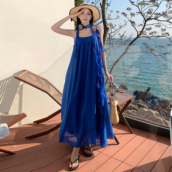 Women’s Blue Pleated Sling Dress – Fresh & Sweet Temperament Style -SH-KR-004
