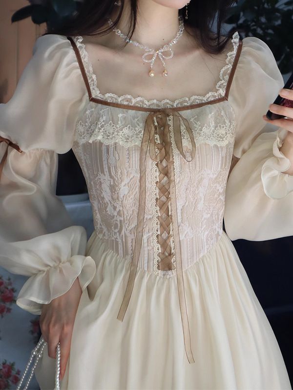 French Retro Long Dress Court Style Square Collar