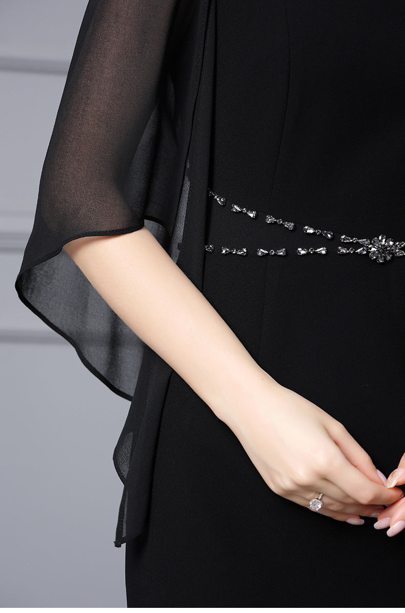 V-neck Studded Diamond Cape Yarn Sleeve Wrap Hip Skirt