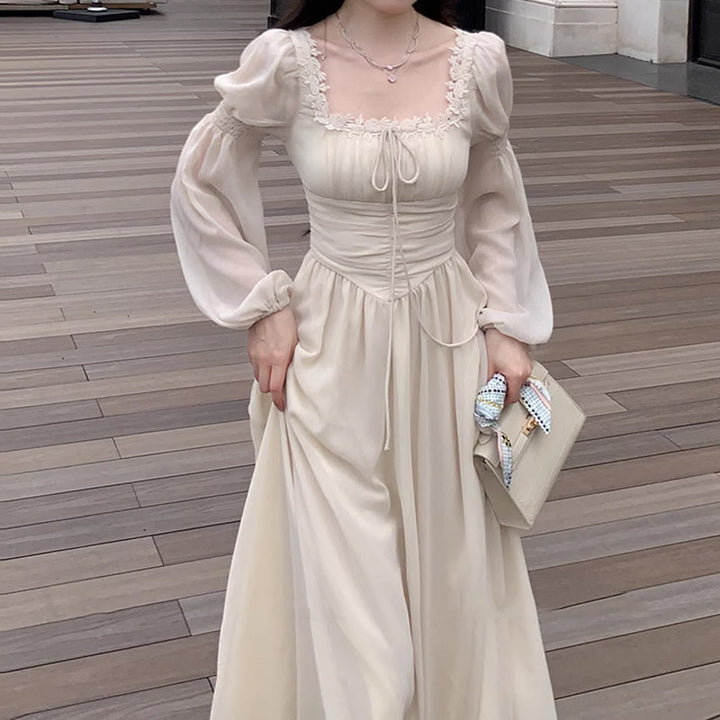 Temperament Square Collar Chiffon Long Sleeve Fairy Dress Women