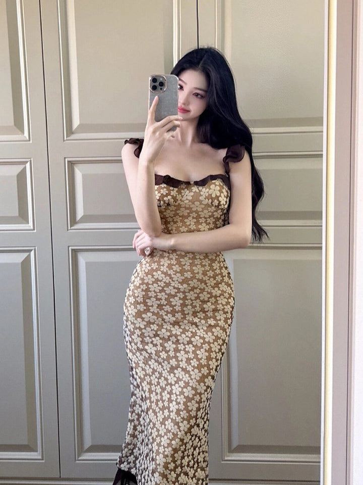 French Style Flying Sleeve Printed Sheath Spring And Summer Pure Design Long Dress