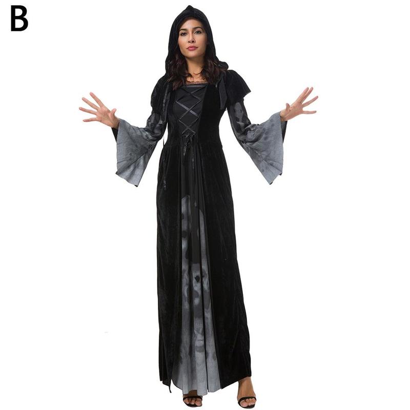 Halloween New Skull Print Witch Long Vampire Costume, Queen Dress Costume - JOcaste