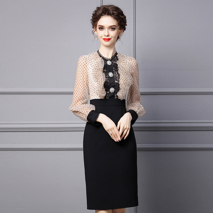 Polka Dot Panel Lace Slim Fit Wrap Hip Skirt