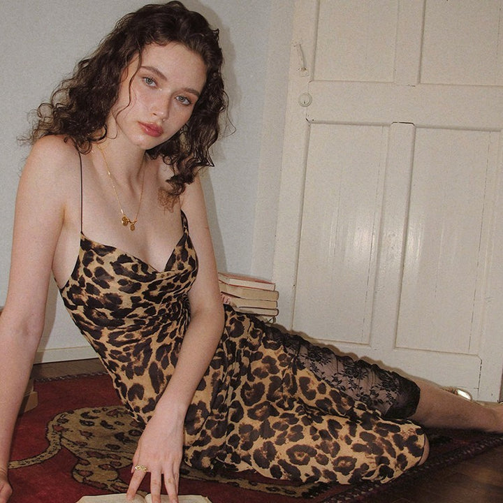 Vintage Leopard Print Swing Collar Sling Dress