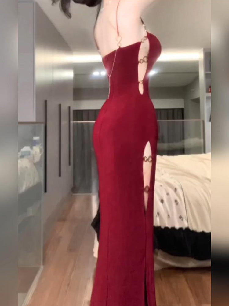 Slim-fit Slit Hip-wrapped Hollow Red Sling Dress