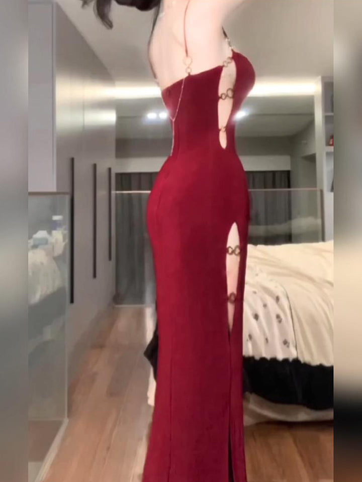 Slim-fit Slit Hip-wrapped Hollow Red Sling Dress