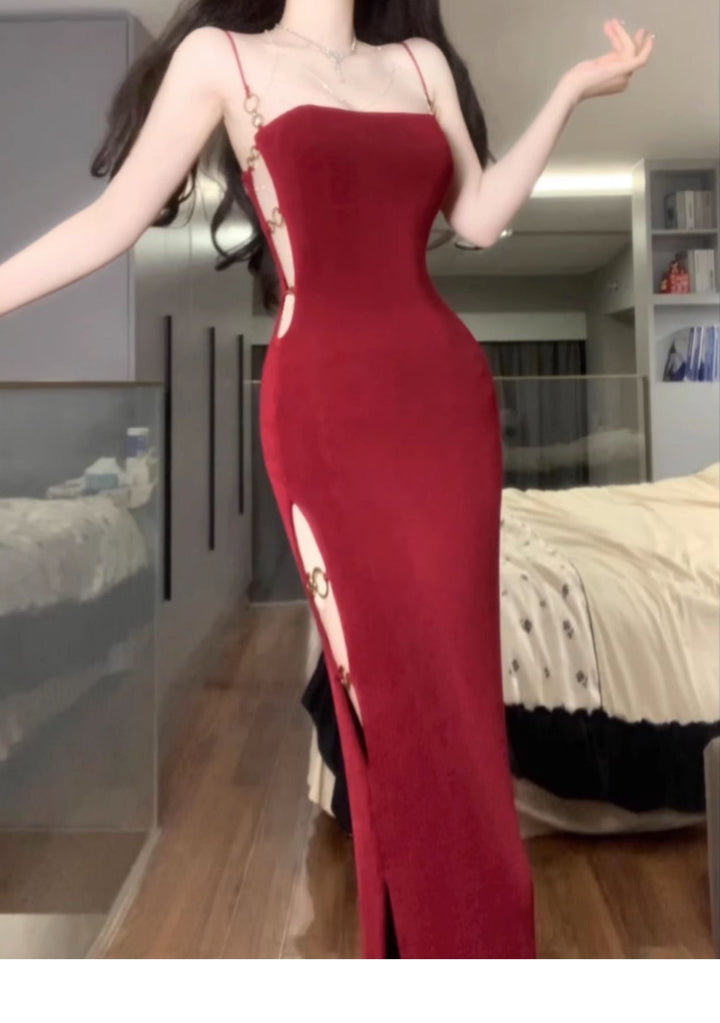 Slim-fit Slit Hip-wrapped Hollow Red Sling Dress