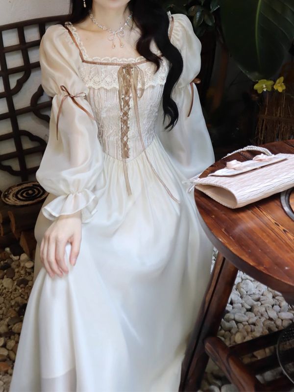 French Retro Long Dress Court Style Square Collar