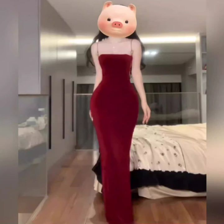 Slim-fit Slit Hip-wrapped Hollow Red Sling Dress