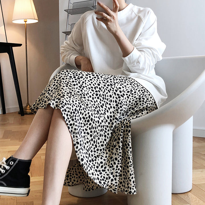 Lightly Mature Satin Leopard Print Skirt High Waist