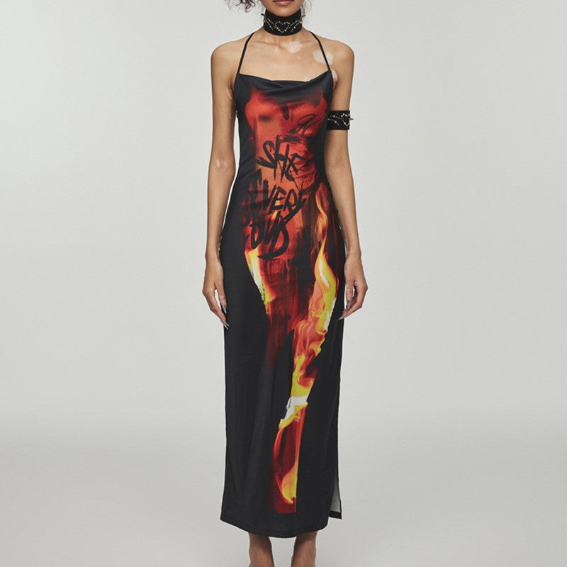 Ladies Flame Printed Backless Halter Neck Long Dress