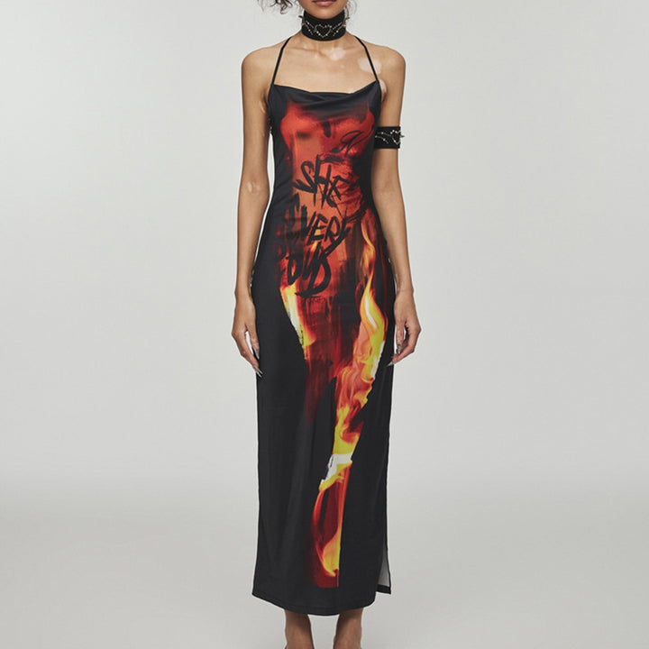 Ladies Flame Printed Backless Halter Neck Long Dress - JOcaste