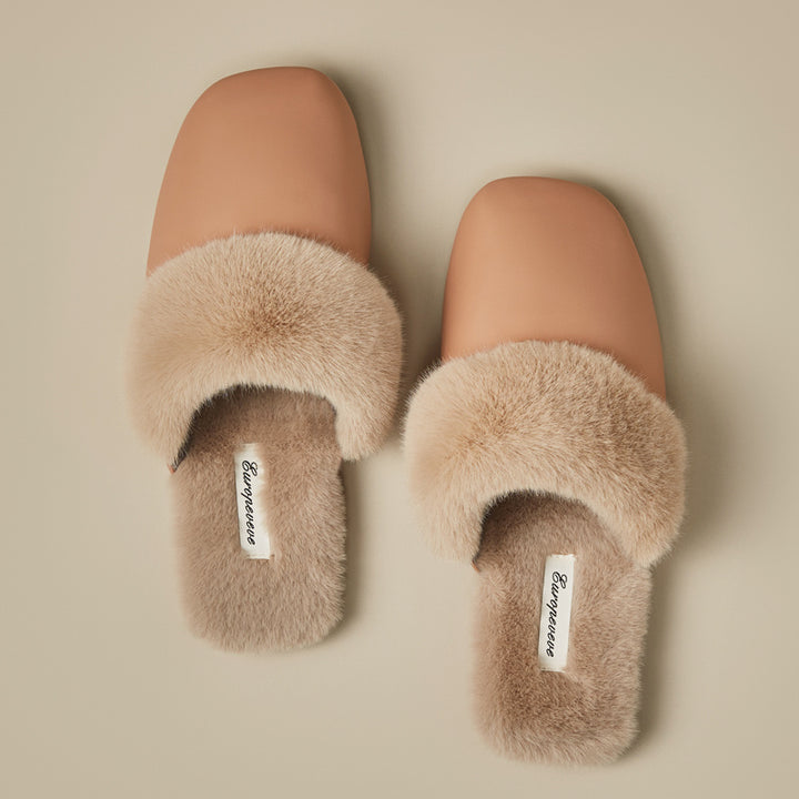 Women’s Fur Collar Home Slippers - Warm PU Upper, Simple Design, Sizes 36-45