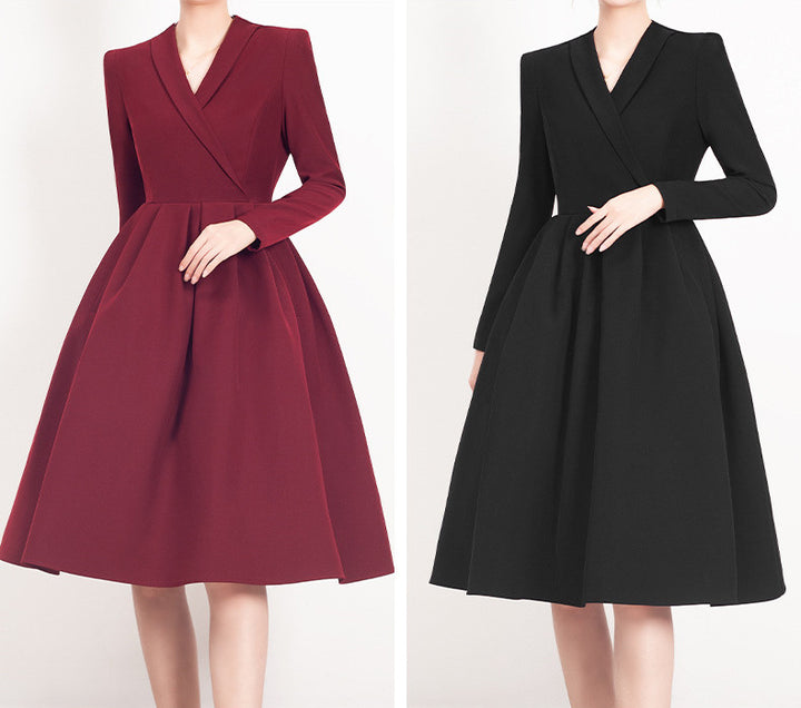 Red V-neck Dress Women's Suit Collar - JOcaste