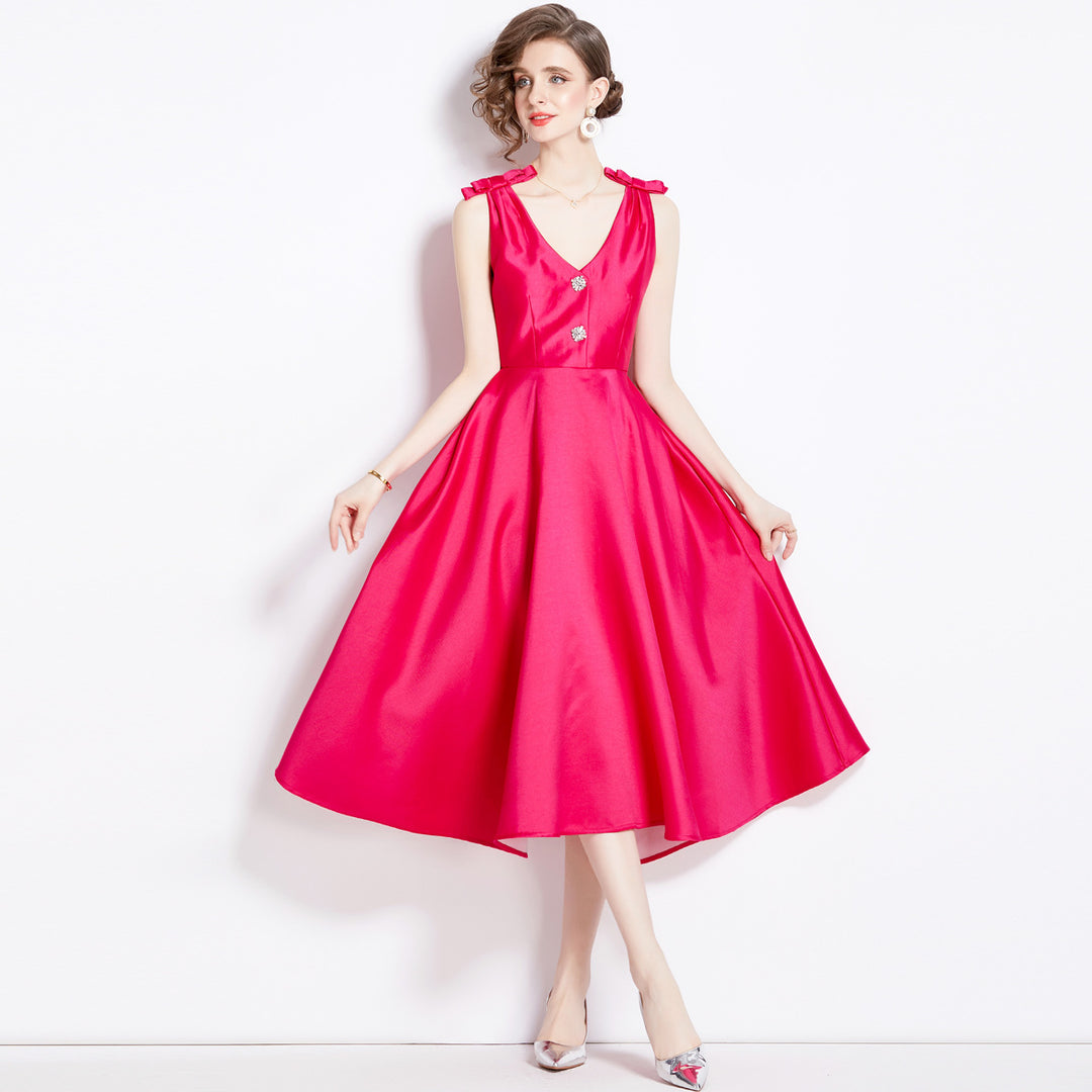 Three-dimensional Bow Diamond V Neck Tight Waist Large Hem Dress