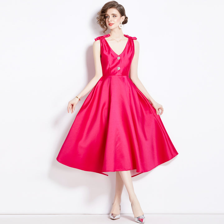 Three-dimensional Bow Diamond V Neck Tight Waist Large Hem Dress
