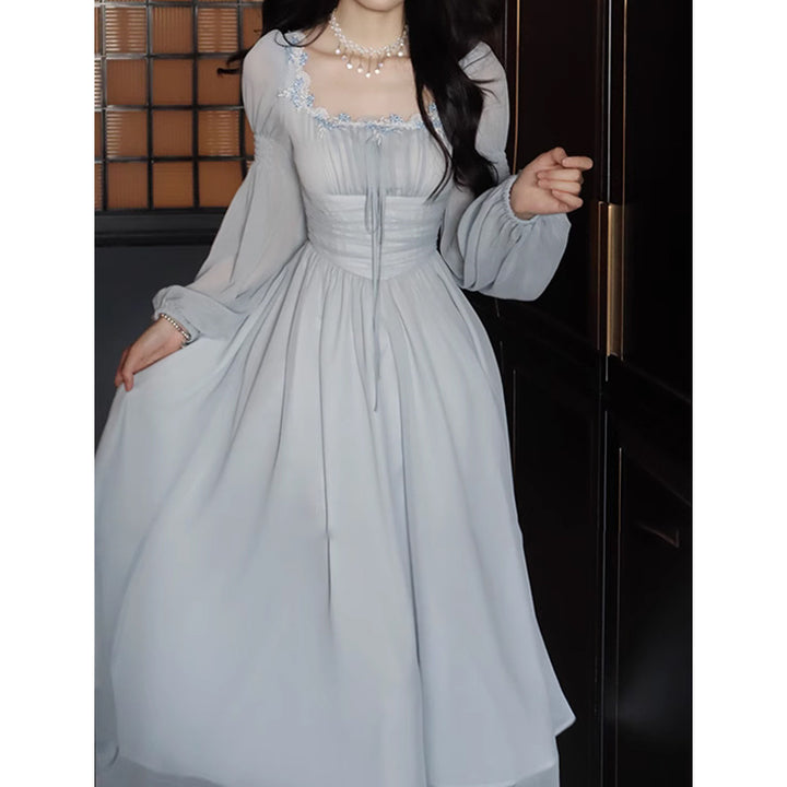 Temperament Square Collar Chiffon Long Sleeve Fairy Dress Women