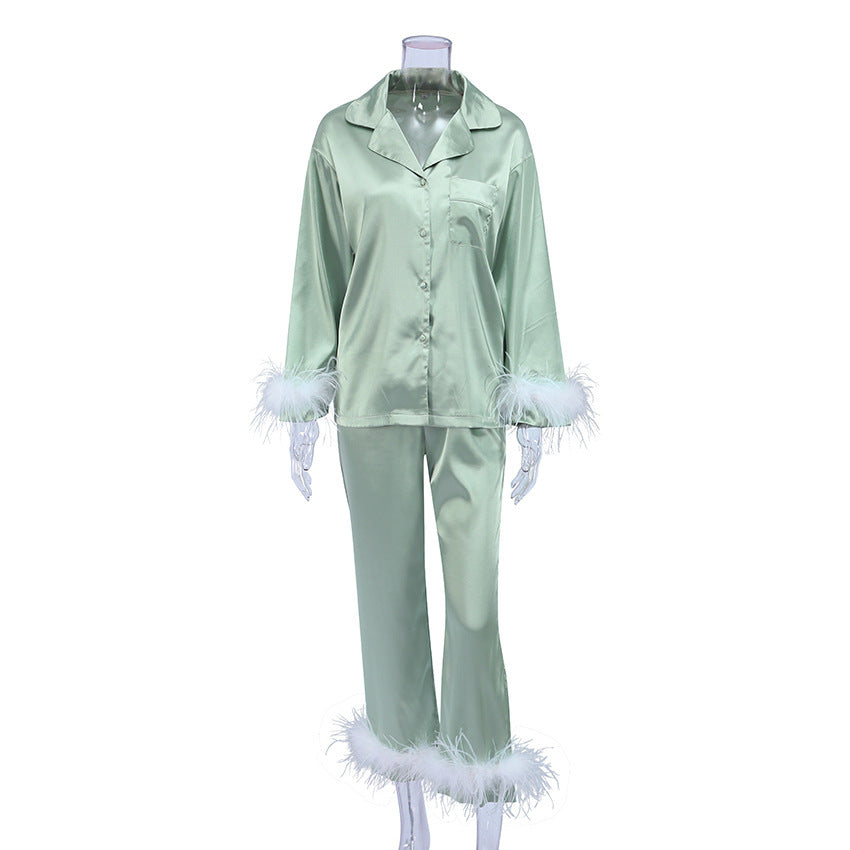 European And American Fashion Ostrich Hair Long-sleeved Trousers Suit