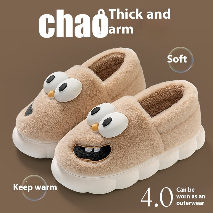 Big Eye Dog Cotton Slippers – Warm & Non-Slip Cartoon Flip Flops for Women