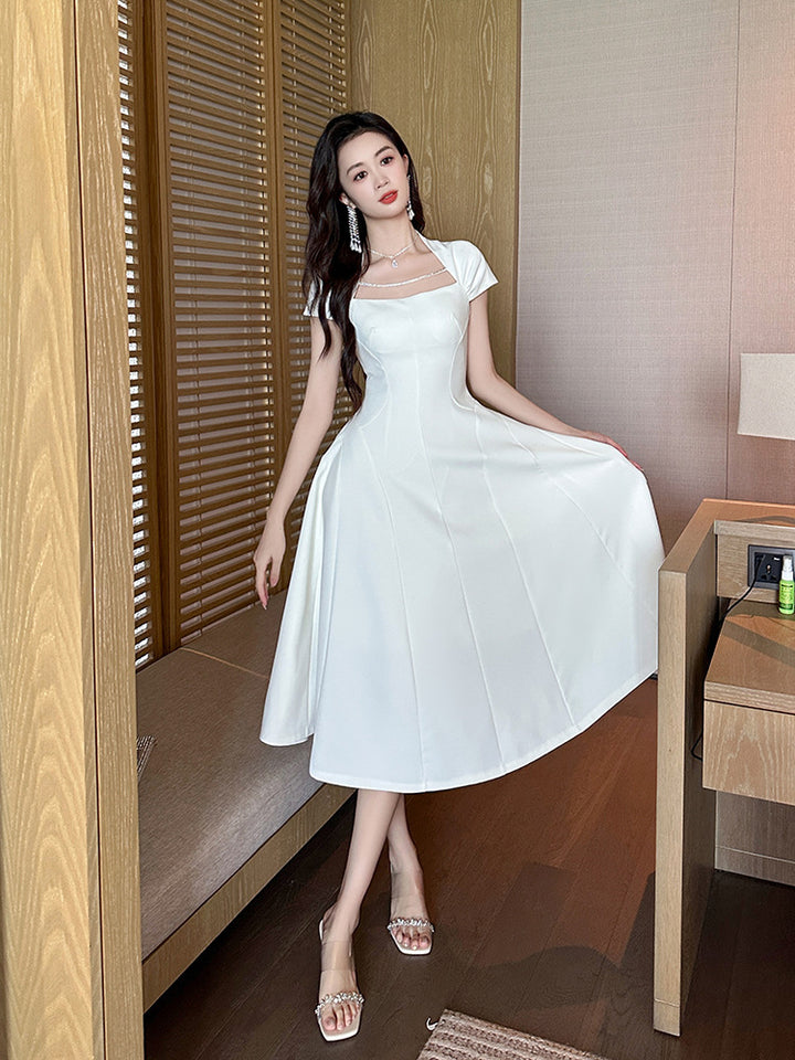 Square Collar Dress Women's Waist-controlled Large Hem