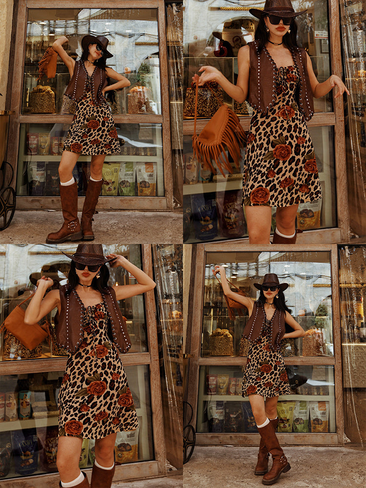 Vintage Leopard Print Printed Sling Short Dress