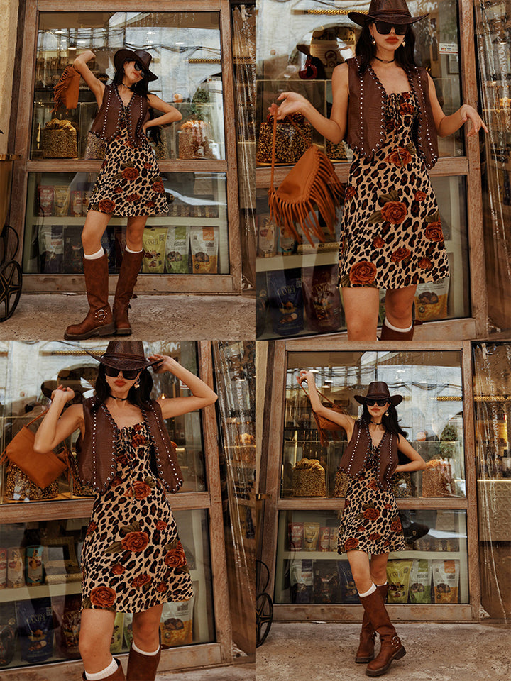 Vintage Leopard Print Printed Sling Short Dress