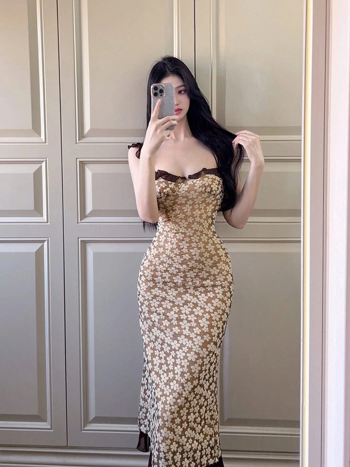 French Style Flying Sleeve Printed Sheath Spring And Summer Pure Design Long Dress