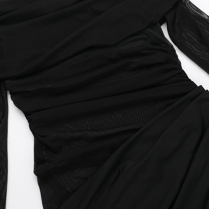 Off-Shoulder Mesh Hollow Dress – Black High Waist Long Sleeve Bodycon Dress for Women-SH-TRD-001