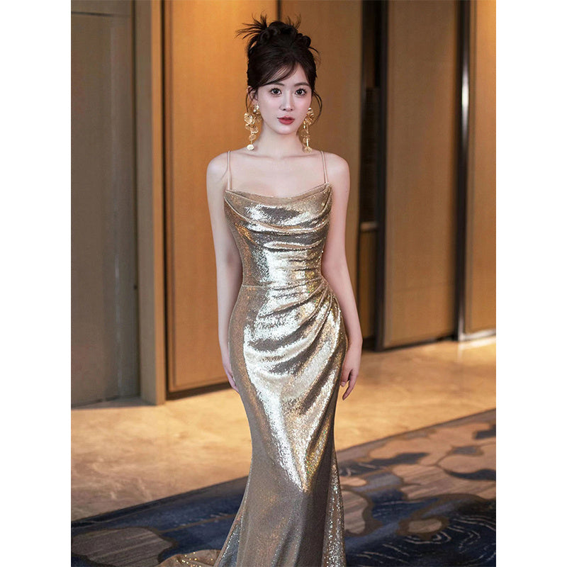 Gold Evening Women Backless Sequin Sling Fishtail Dress