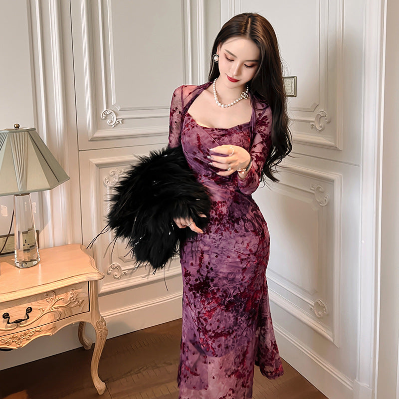 Female French Square Collar Plum Woven Velvet Mesh Yarn Slim Fishtail Dress
