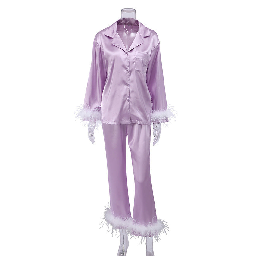 European And American Fashion Ostrich Hair Long-sleeved Trousers Suit