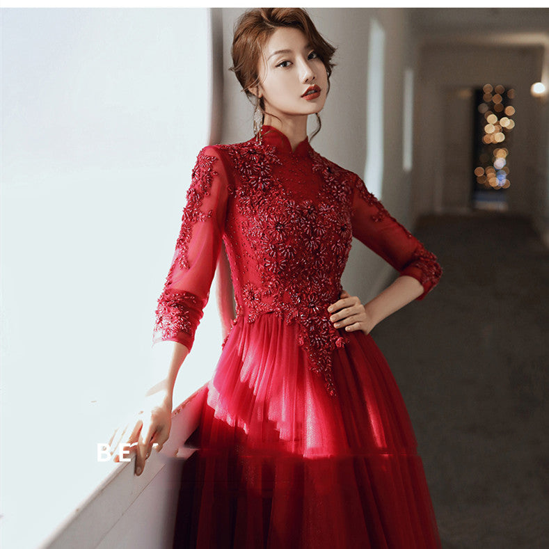 Long Sleeved Wine Red Banquet Temperament - JOcaste