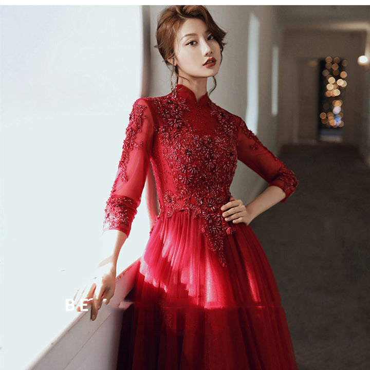 Long Sleeved Wine Red Banquet Temperament - JOcaste