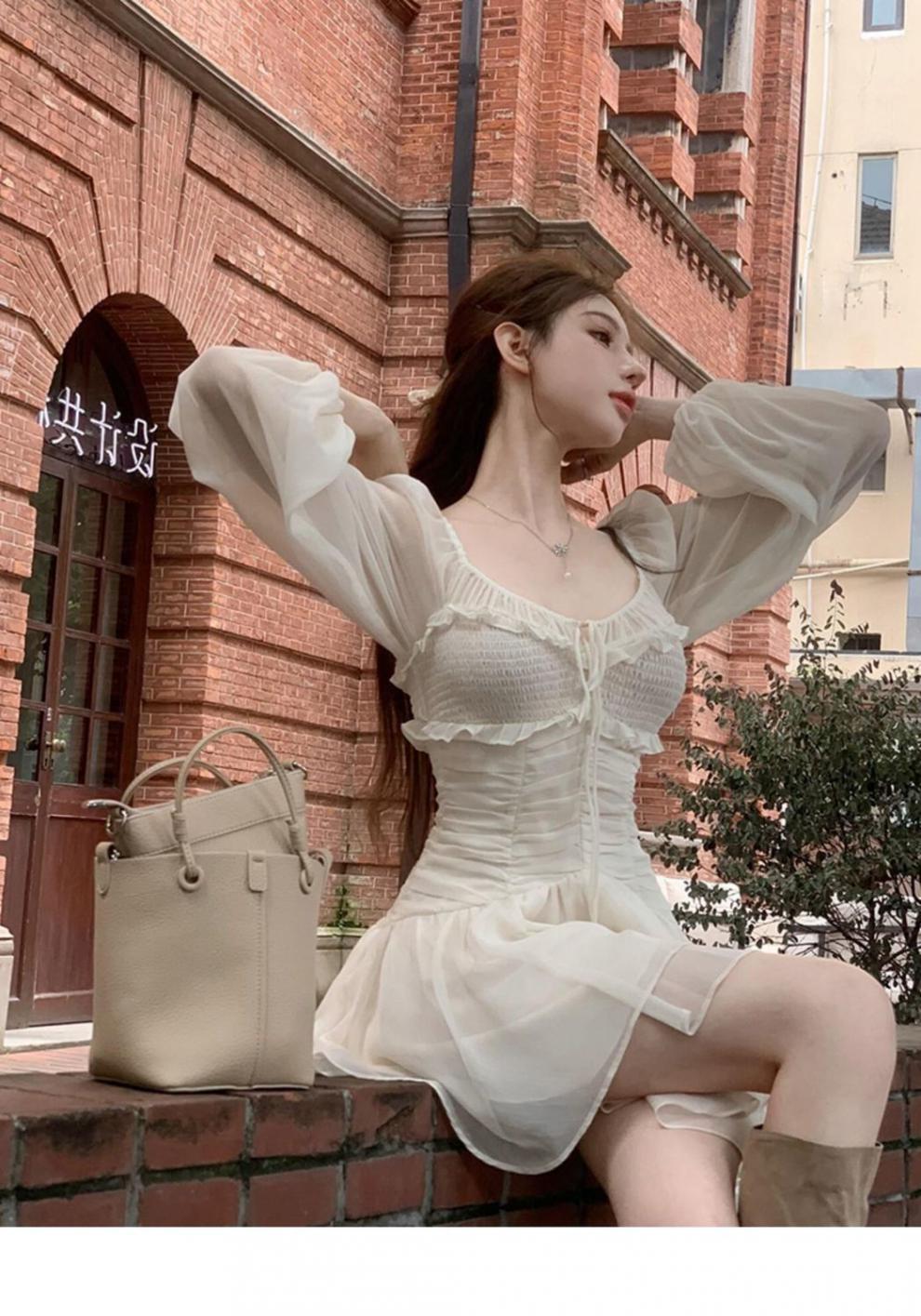 New French Style Tight Waist Bubble Sleeve Pure Desire Ballet Style Short Skirt
