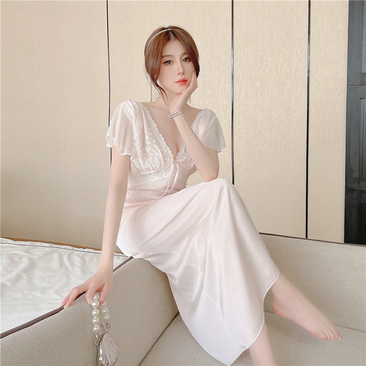 Lace Suspender Short Sleeved Long Skirt For Home Wear