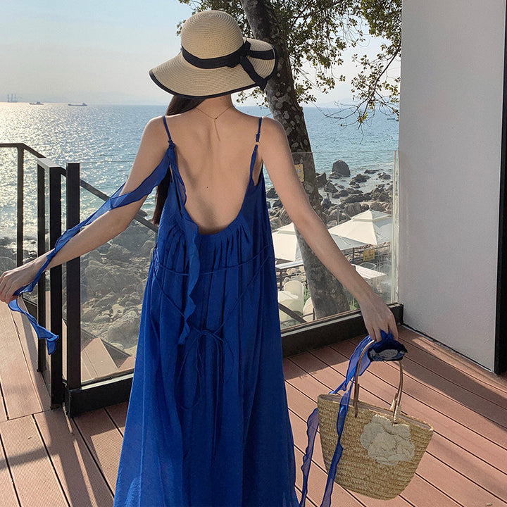 Women’s Blue Pleated Sling Dress – Fresh & Sweet Temperament Style -SH-KR-004