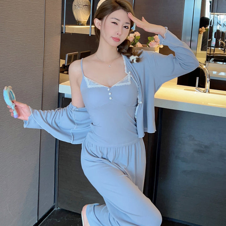 Modal Pajamas Suit Sling Nightgown Three-piece Set Can Be Outerwear Homewear