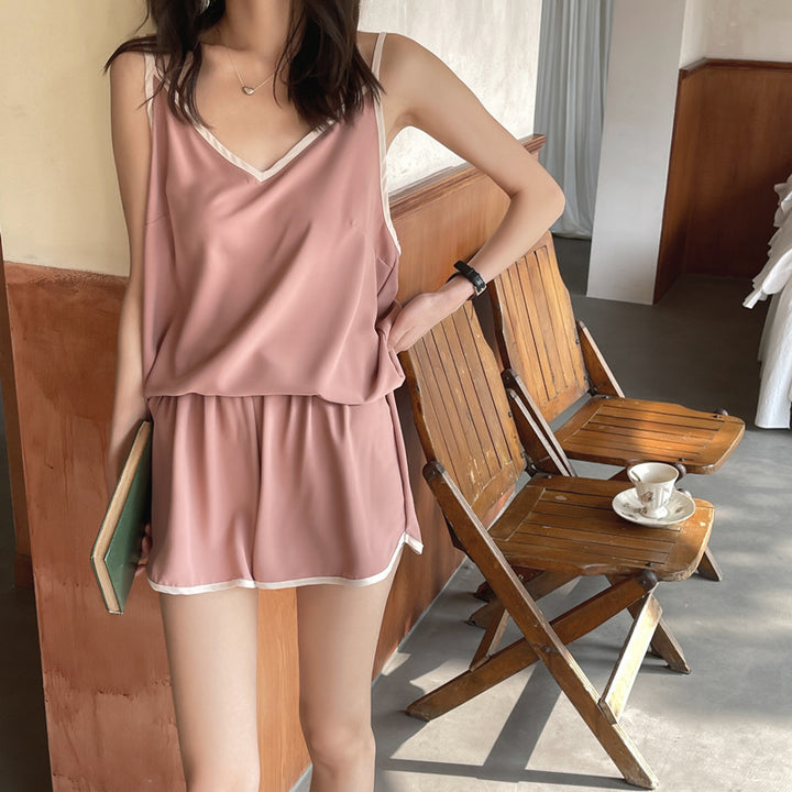 French Style Women's Summer Padded Strap Vest Shorts Pajamas