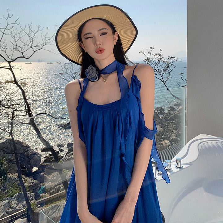 Women’s Blue Pleated Sling Dress – Fresh & Sweet Temperament Style -SH-KR-004