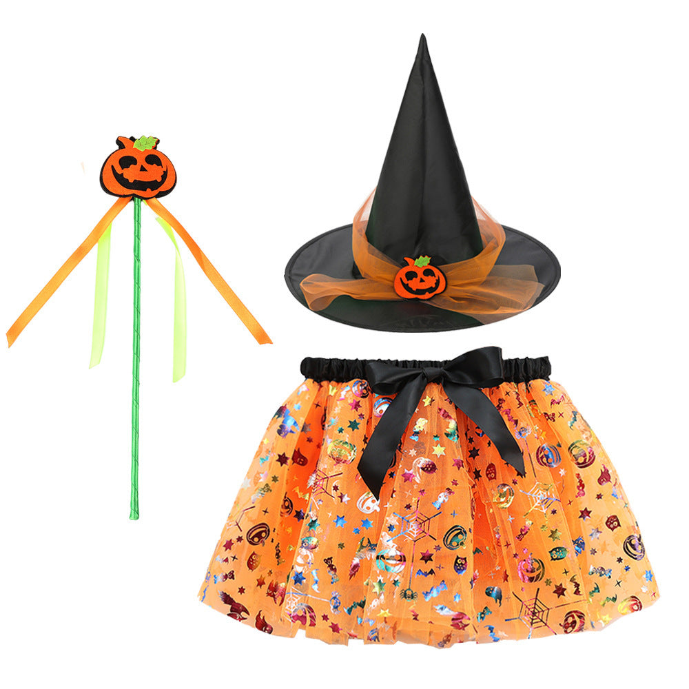 Halloween Printed Mesh Pumpkin Skirt For Girls